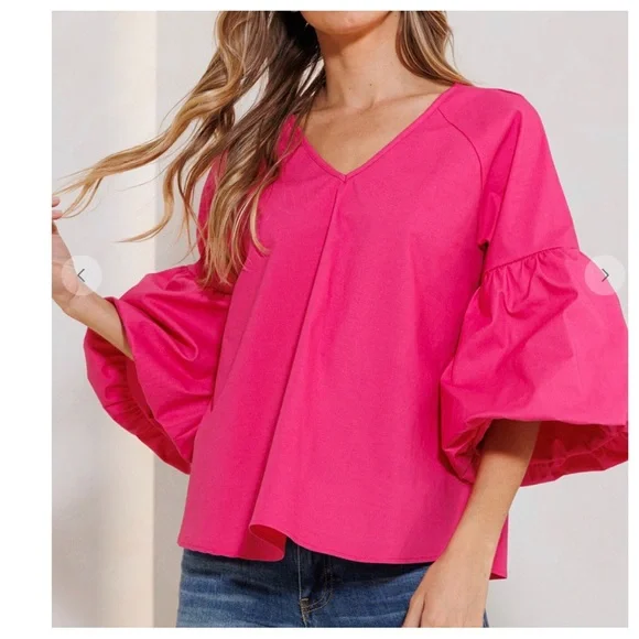 23 Boho Balloon Sleeve Baby Doll V-neck Solid Top - Picture 3 of 6